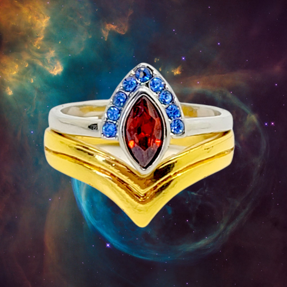 Silver & Gold Tone Round Blue Crystal Marquise Red Crystal Wonder Woman Ring